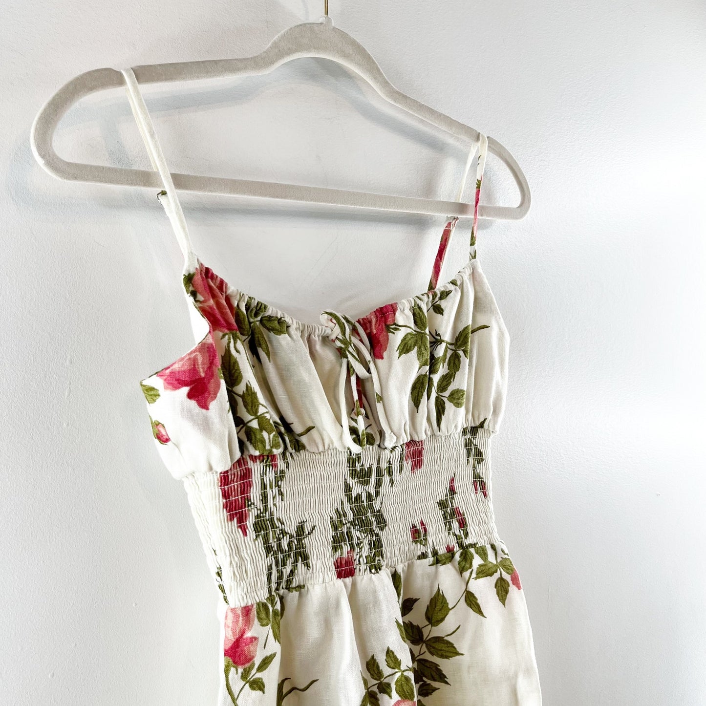 Reformation Rosemary Floral Print Linen Smocked Waist Mini Dress White 4
