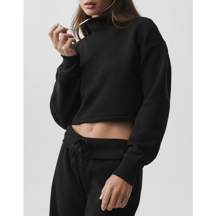 Alo Yoga Cropped Serenity Rib Mock Neck Boxy Coverup Sweatshirt Black XS