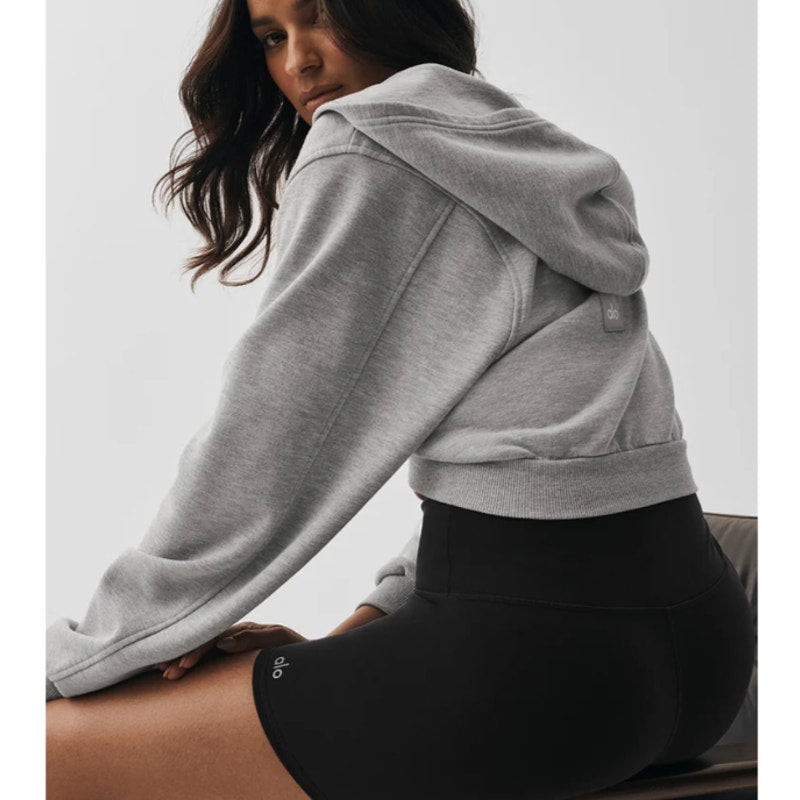 Alo Sweet Escape Full Zip Up Cropped Hoodie Sweatshirt Athletic Heather Gray XS