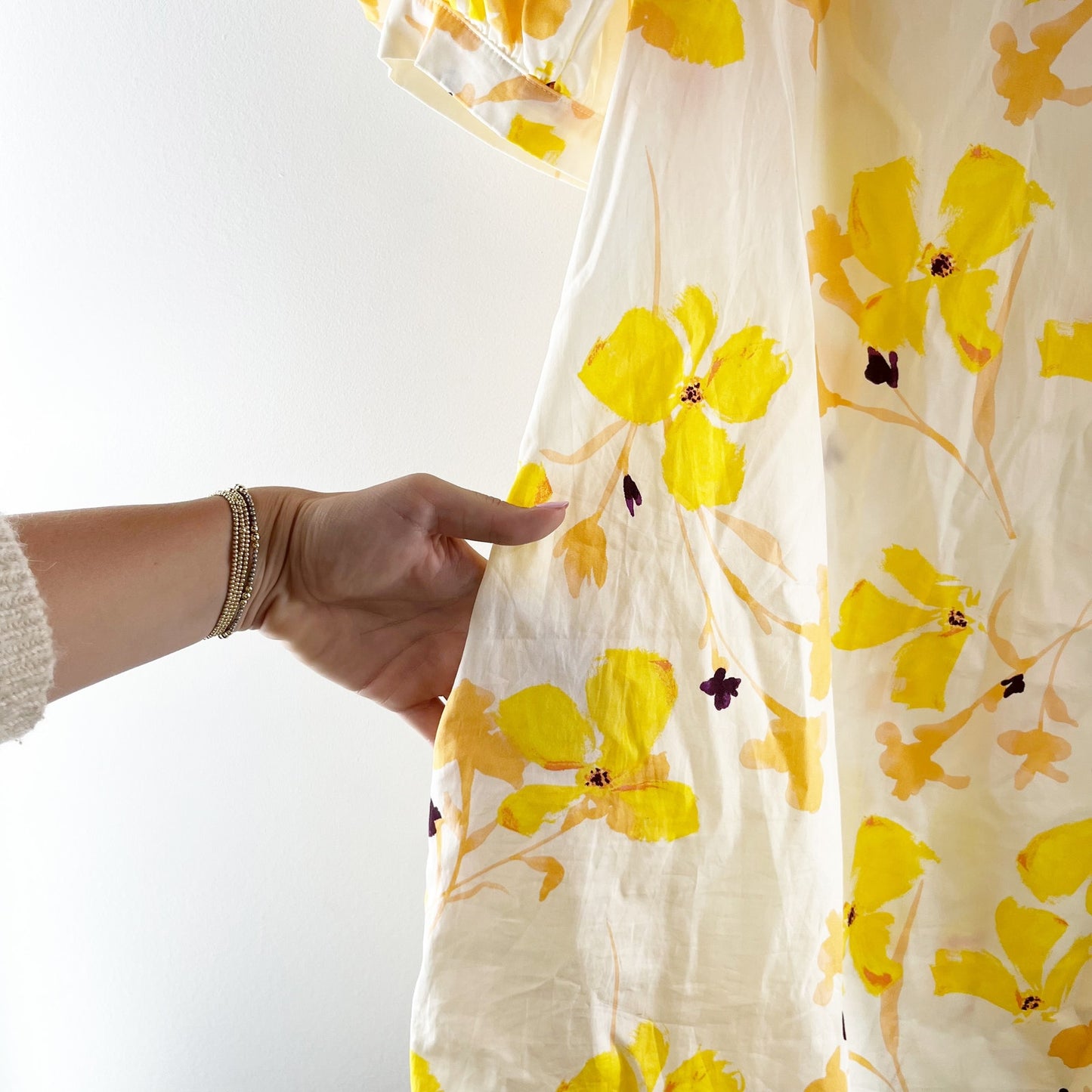 A New Day Floral Print Puff Sleeve Mini Shift Dress White Yellow Medium