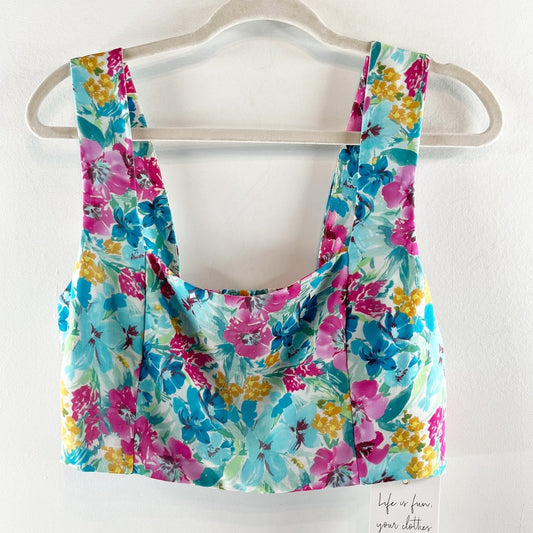 Show Me Your Mumu Square Neck Floral Crop Tank Top Blue Pink Large