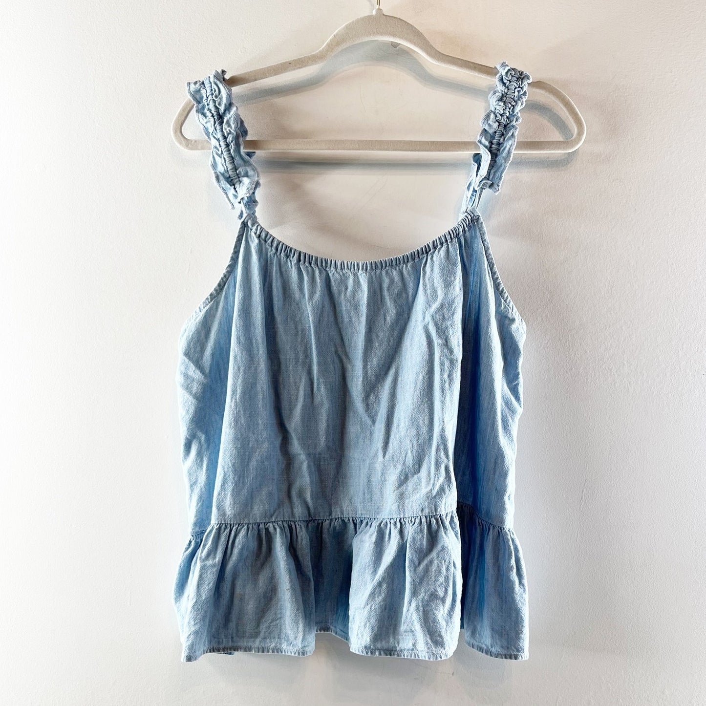 Madewell Sleeveless Denim Ruffle-Strap Peplum Cami Tank Top Blue Haddon Wash 12