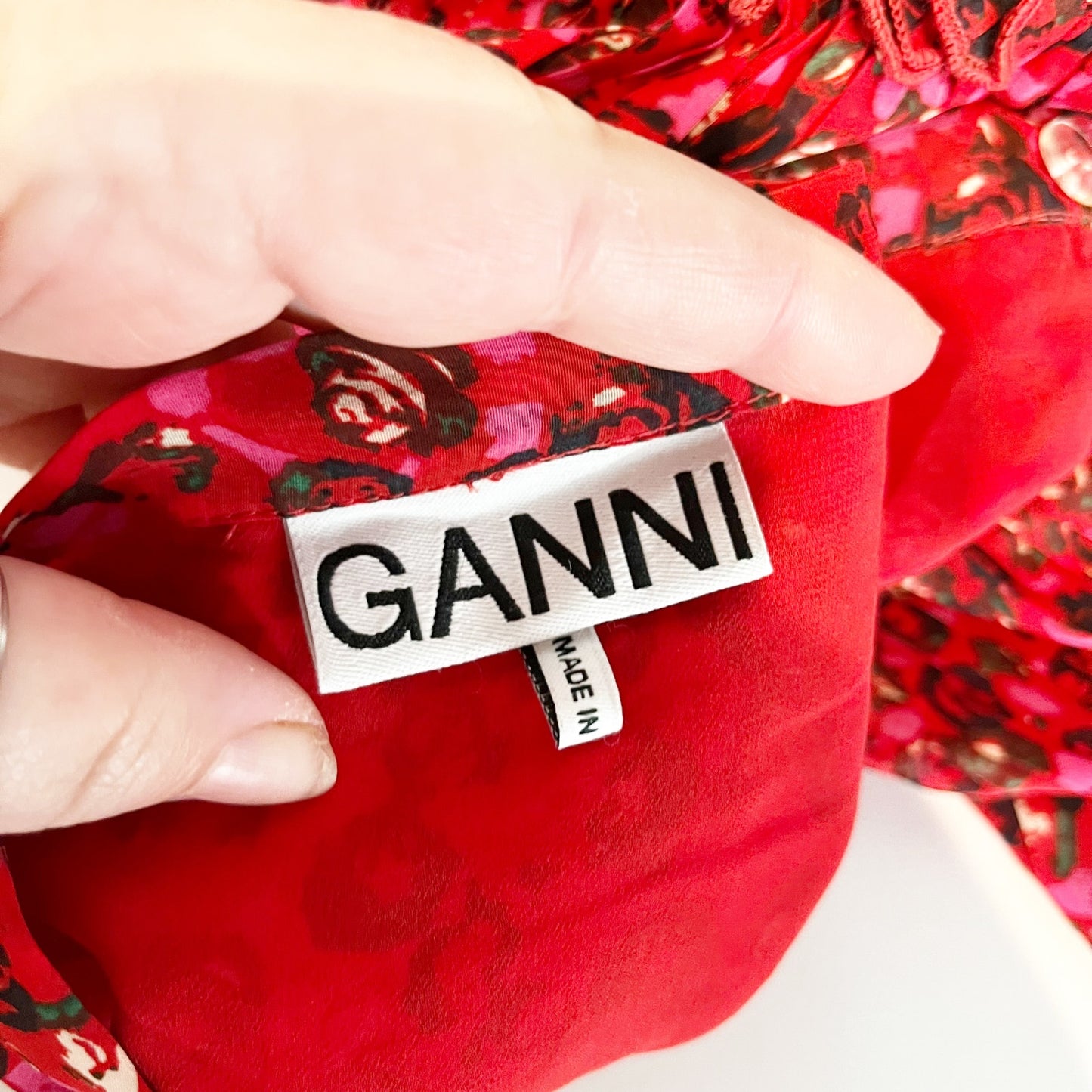 Ganni Pleated Floral-Print Crepe Side Slit Ruffle Trim Midi Skirt Red 34