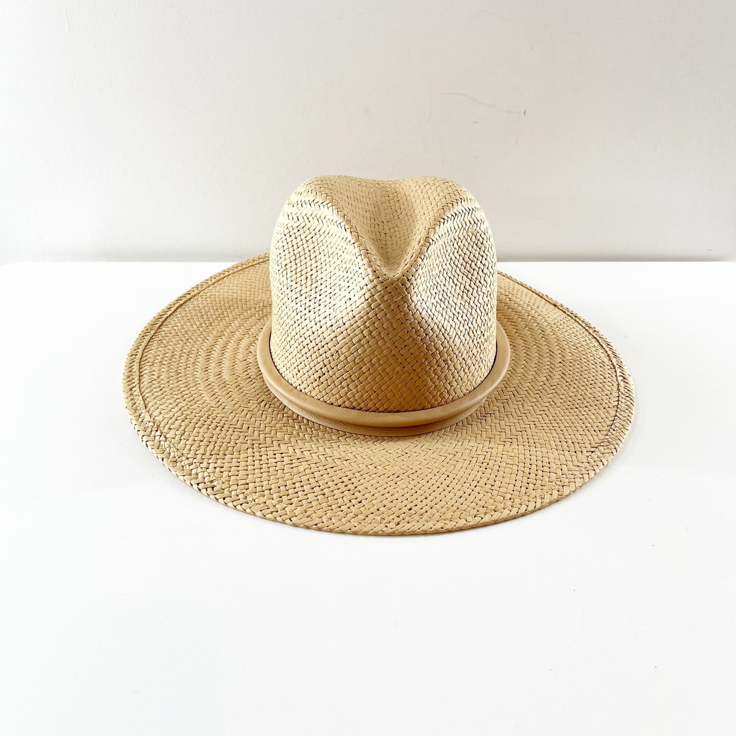 Janessa Leone Simone Woven Packable Straw Fedora Sun Hat Sand Beige Tan Small