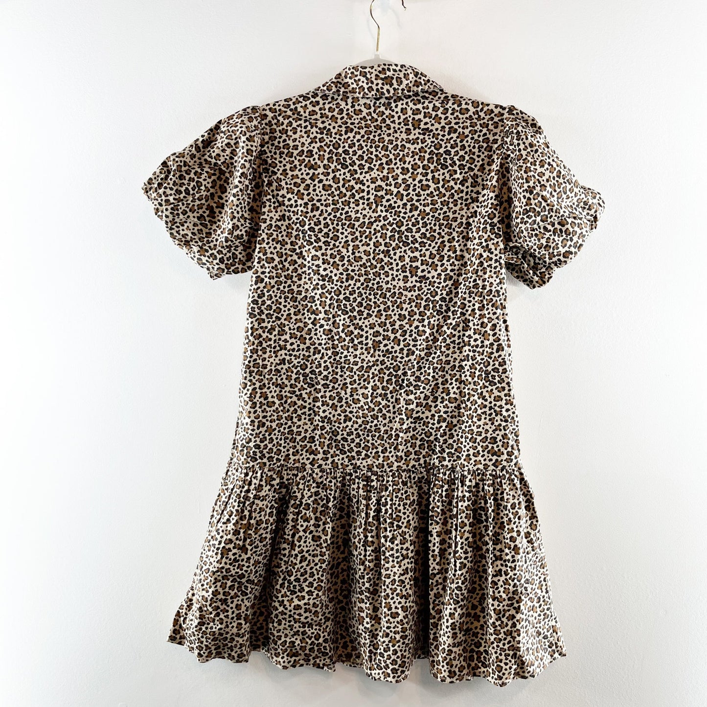 J. Crew Bubble Short Puff Sleeve Button Up Drop Waist Leopard Print Mini Dress