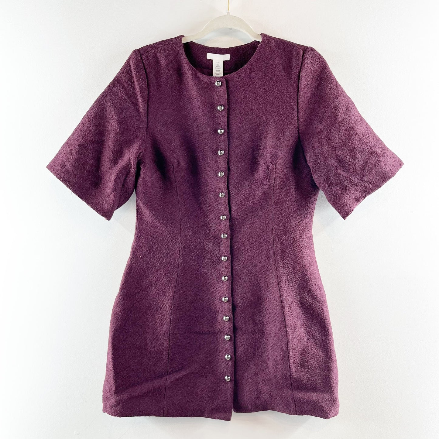 H&M Boucle Short Sleeve Button Up Short Sleeve Mini Dress Plum Purple Small