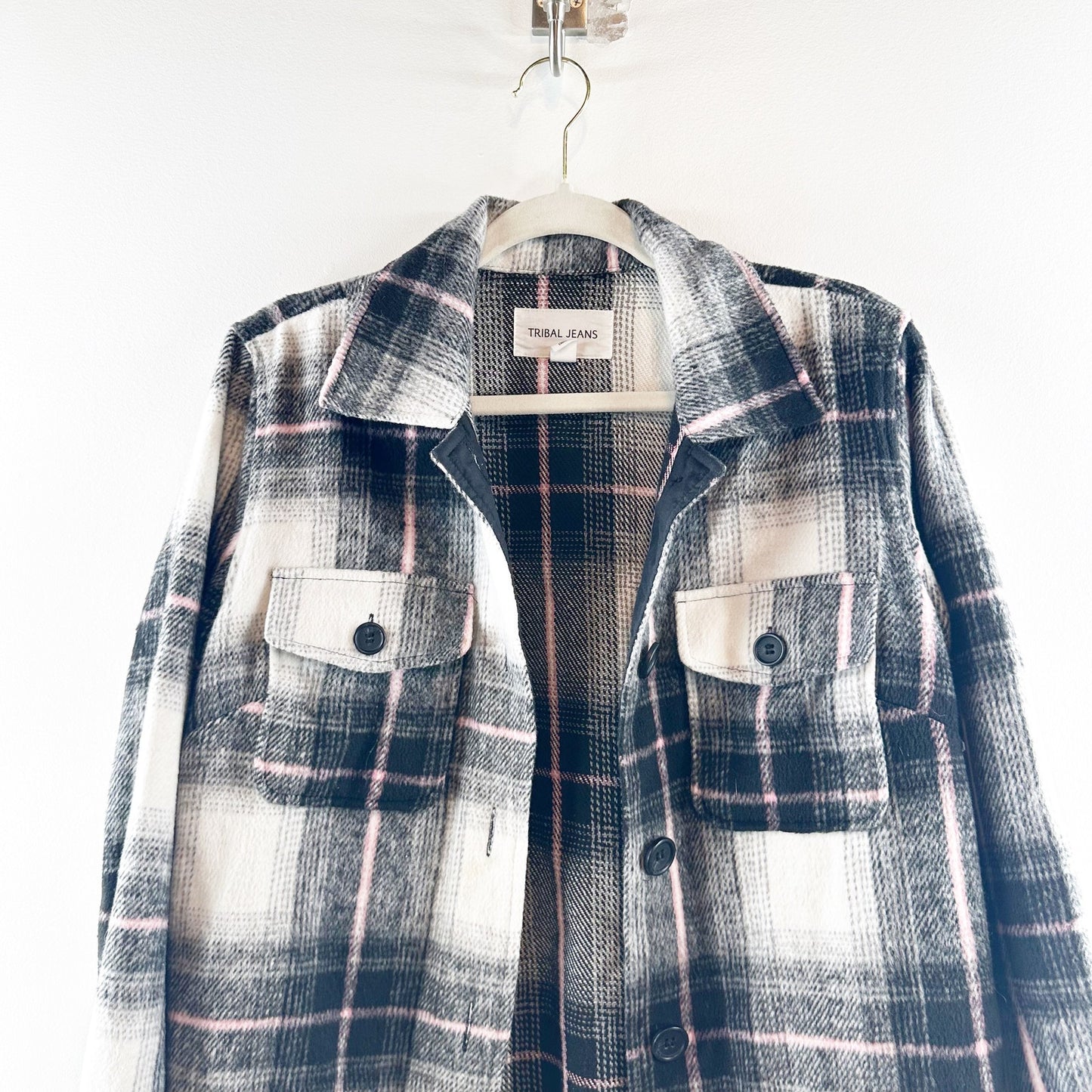 Tribal Jeans Plaid Button Up Oversized Jacket Shacket Blue Pink Small