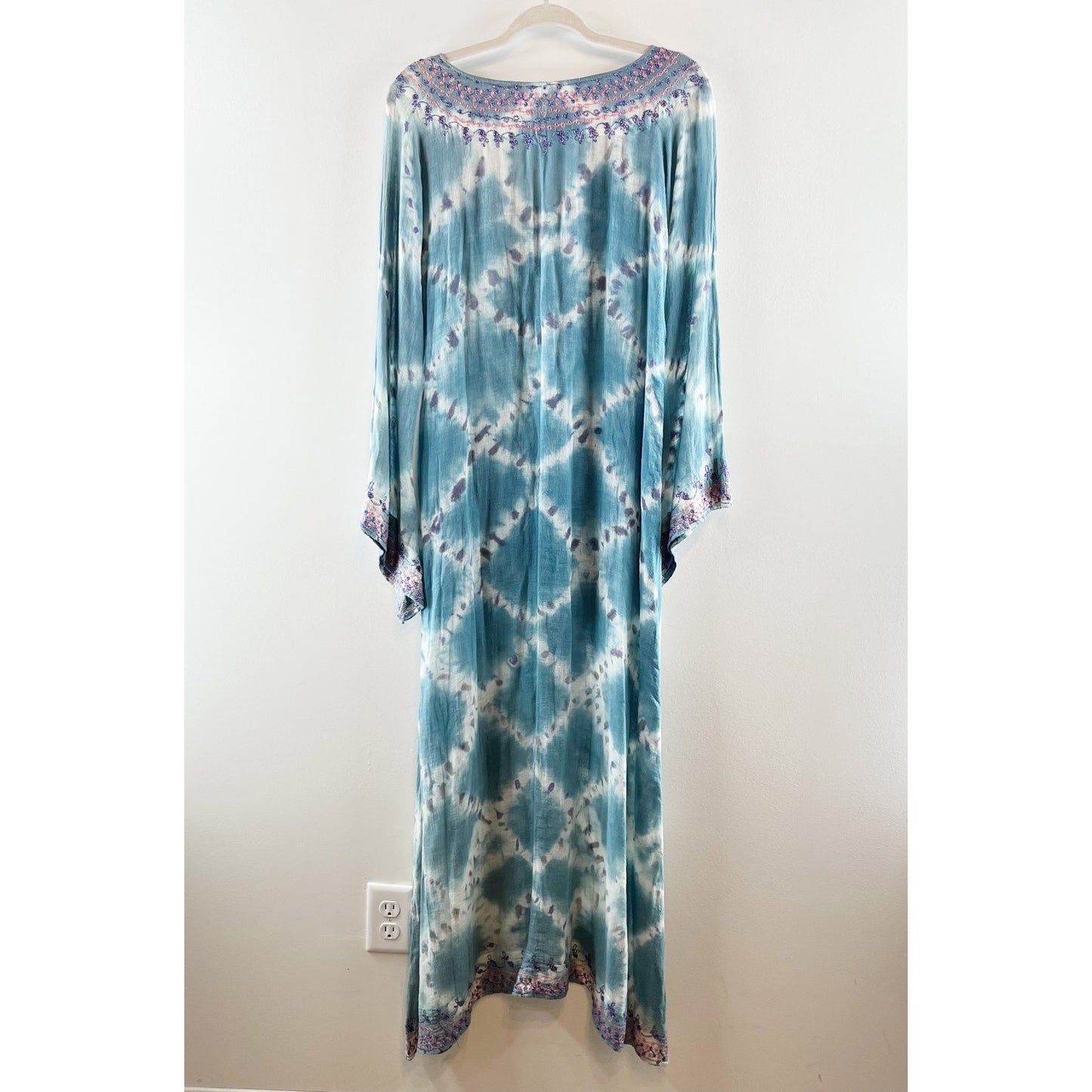 Calypso St. Barth Tie Dye Long Sleeve Scoop Neck Maxi Cover Up Dress Blue Large