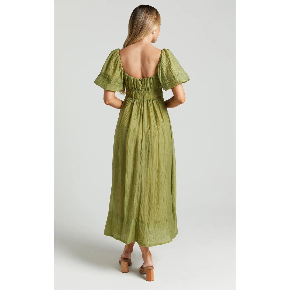 Showpo Roshina Square Neck Puff Sleeve A-Line Midi Dress Olive Green 12