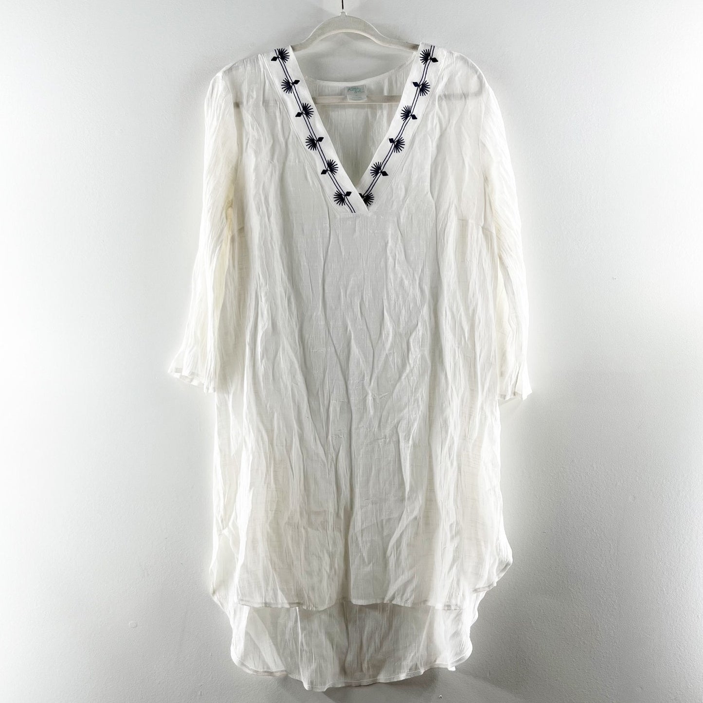 Kona Sol Sheer Embroidered Swim High Low Hem Cover Up Dress White Navy XL