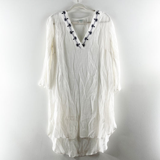 Kona Sol Sheer Embroidered Swim High Low Hem Cover Up Dress White Navy XL