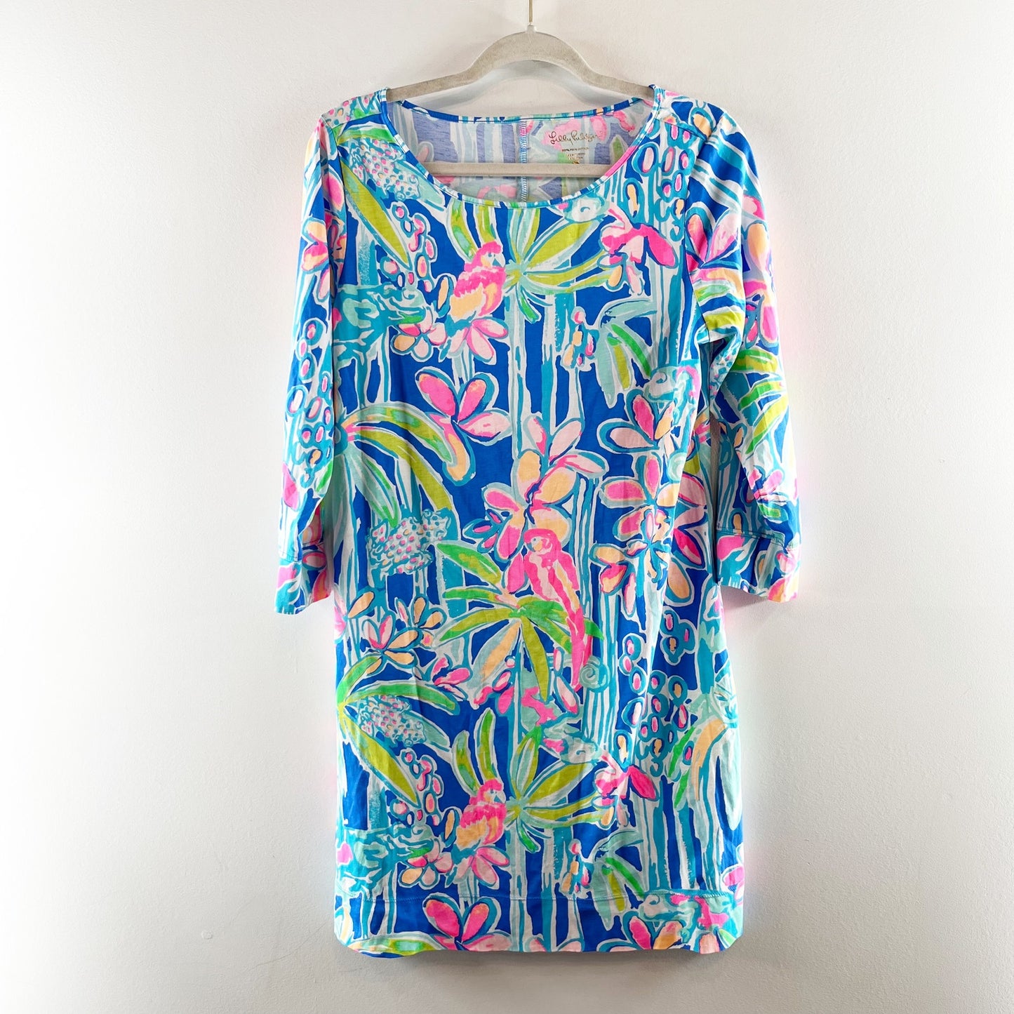 Lilly Pulitzer Marlowe Pima Cotton 3/4 Sleeve Mini Dress Blue Pink Large