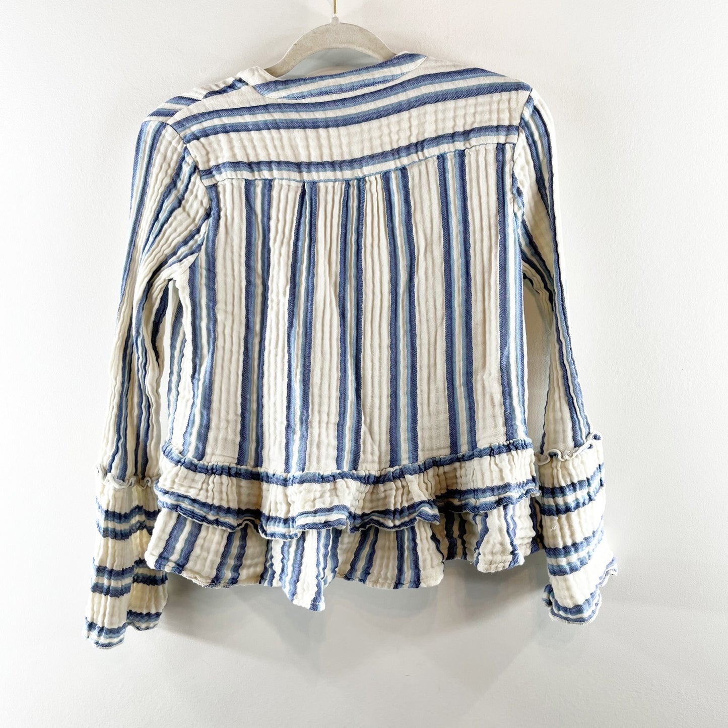 Faherty Vida Baja Striped Gauzy Cotton Long Sleeve Top Blouse White Blue XS