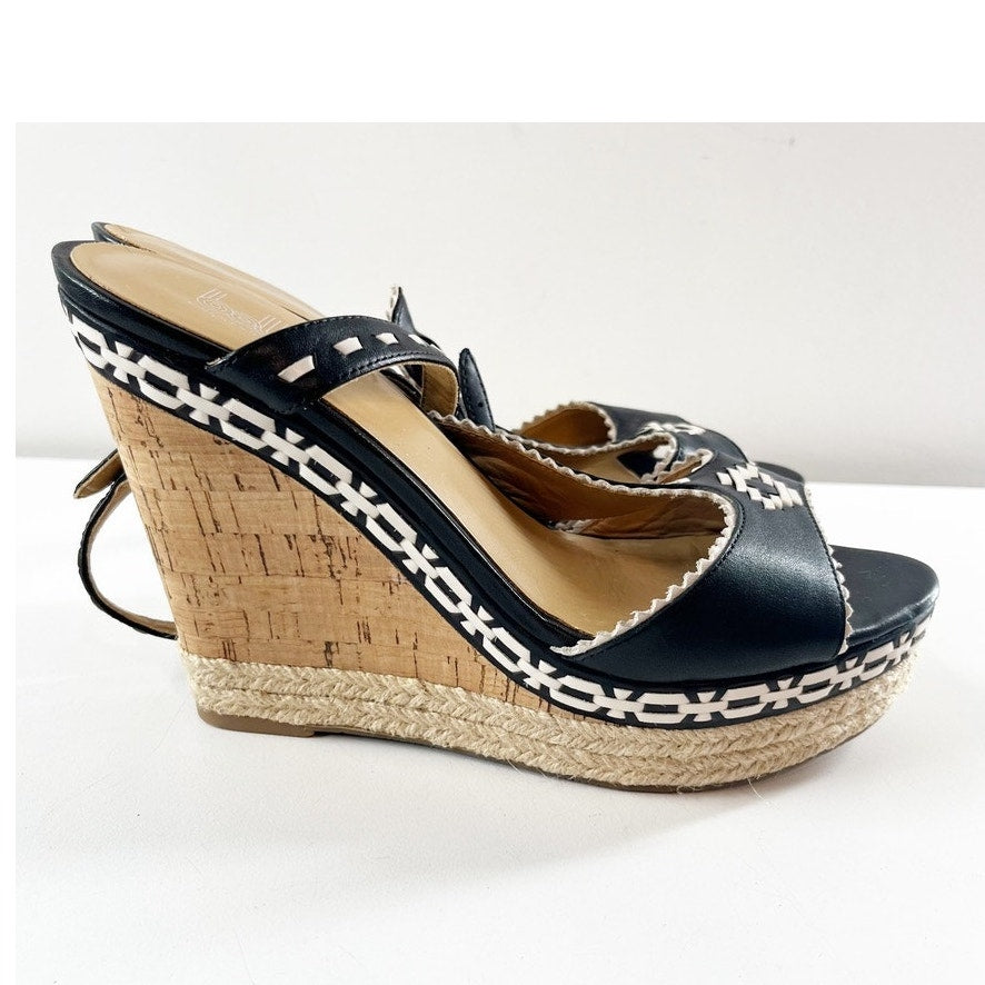 Belle by Sigerson Morrison Aivi Embroidered Leather Wedge Heel Sandals Black 8