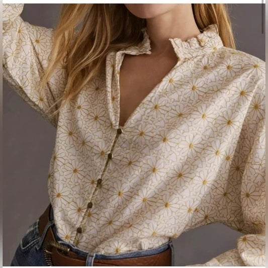 Pilcro Anthropologie The Tavi Buttondown Embroidered Edition Cream Yellow Large