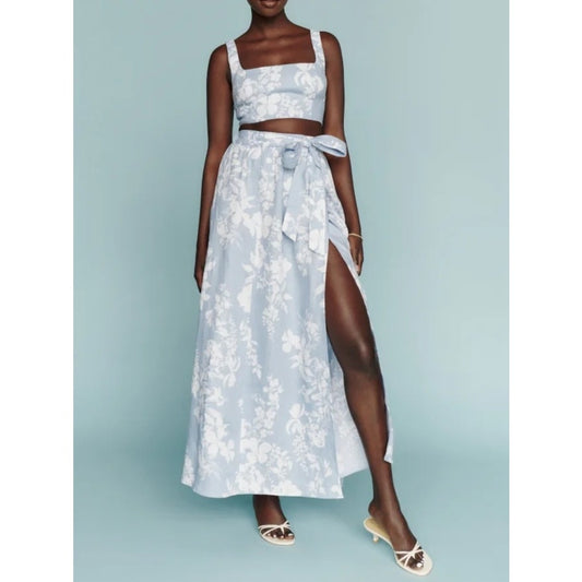Reformation Palm Linen Crop Tank Top and Wrap Maxi Skirt Matching Set Blue 4