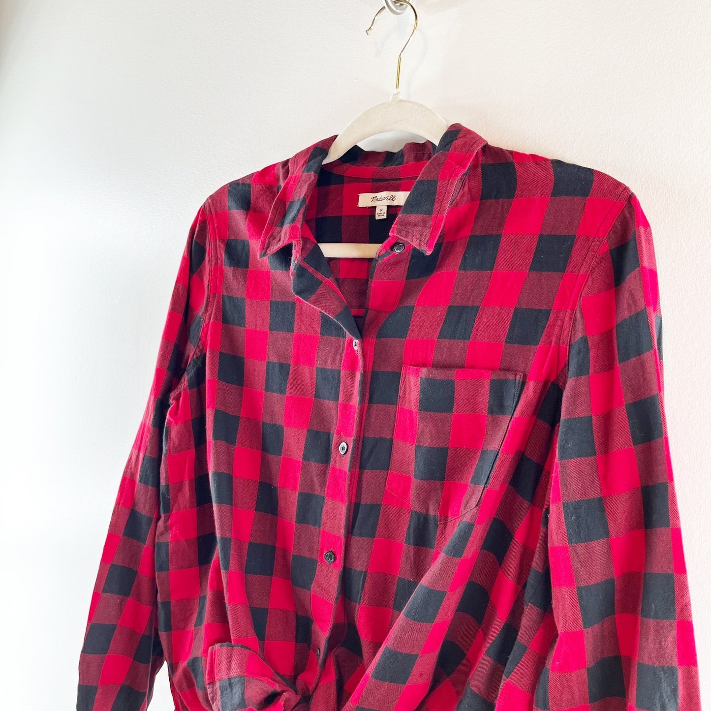 Madewell Buffalo Check Long Sleeve Flannel Tie Front Button-Up Shirt Red/Black M