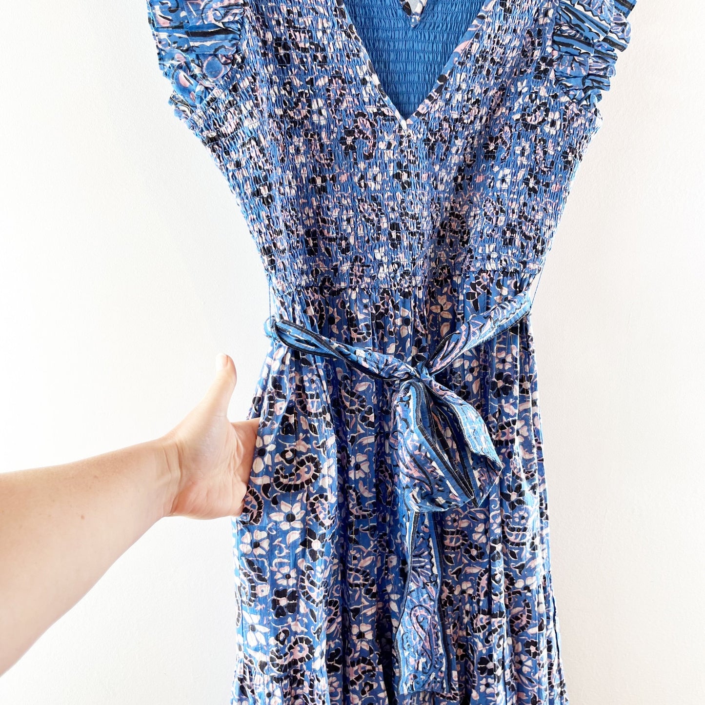 Cleobella Autumn Belted Ruffle Sleeve Midi Dress Paisley Print Blue Medium