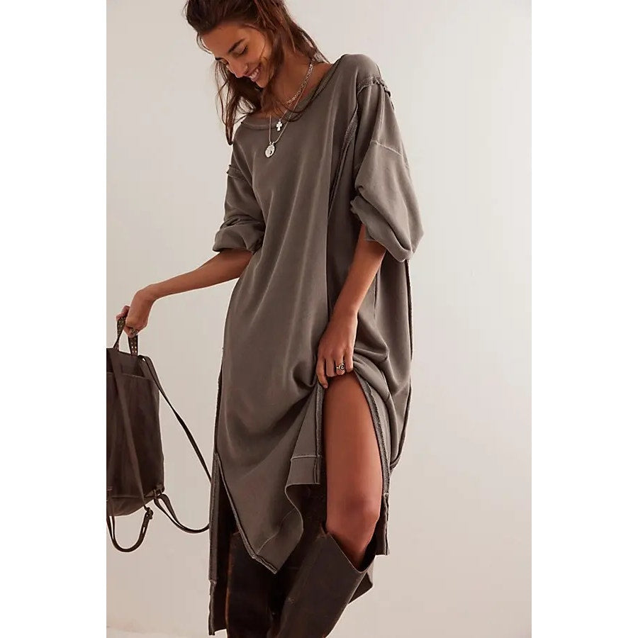 Free People Camden Long Sleeve Oversized Maxi Sweatshirt Dress Dolphin Gray XS