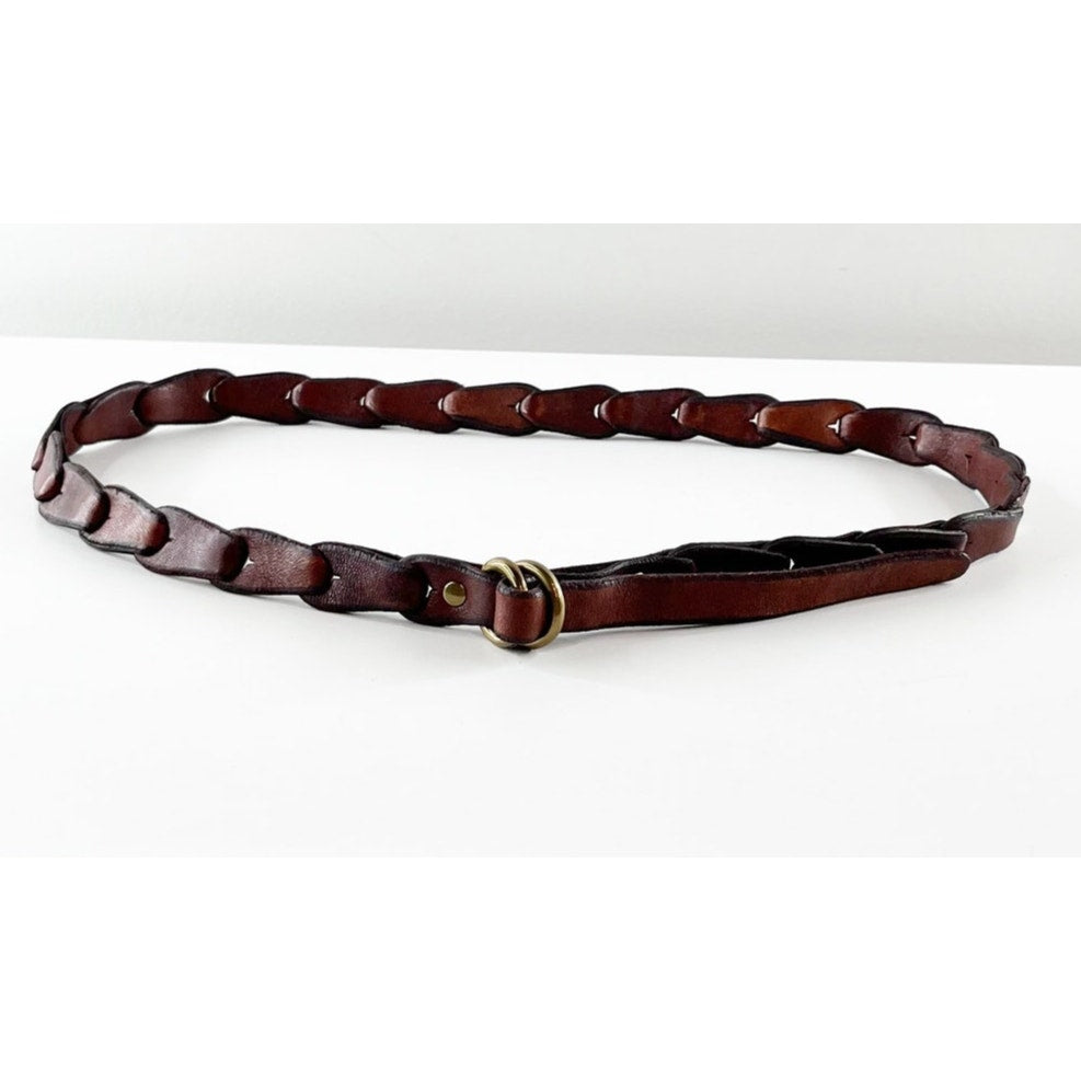 Genuine Leather Link Braided Thin Adjustable Waist Belt Brown One Size