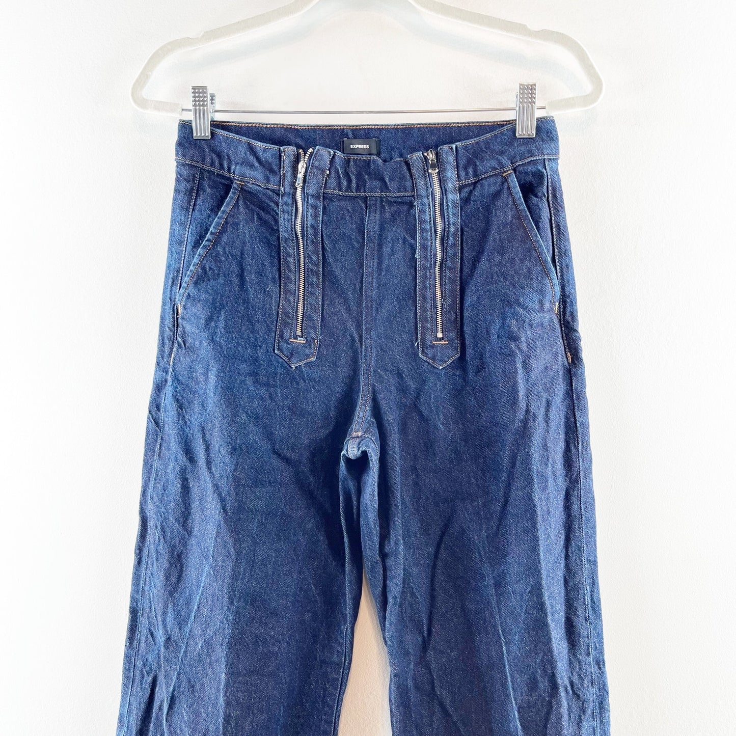 Express High Rise Wide Leg Exposed Double Zipper Dark Wash Jeans 4 Petite