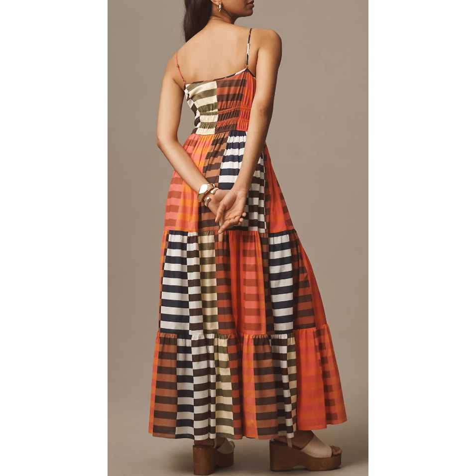 Hutch Silvana Tiered Striped Colorblock Maxi Dress Pink Multi Small