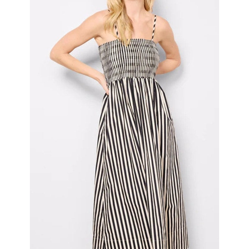 Evereve Cecilia Striped Sleeveless Smocked Maxi Dress Black White Medium