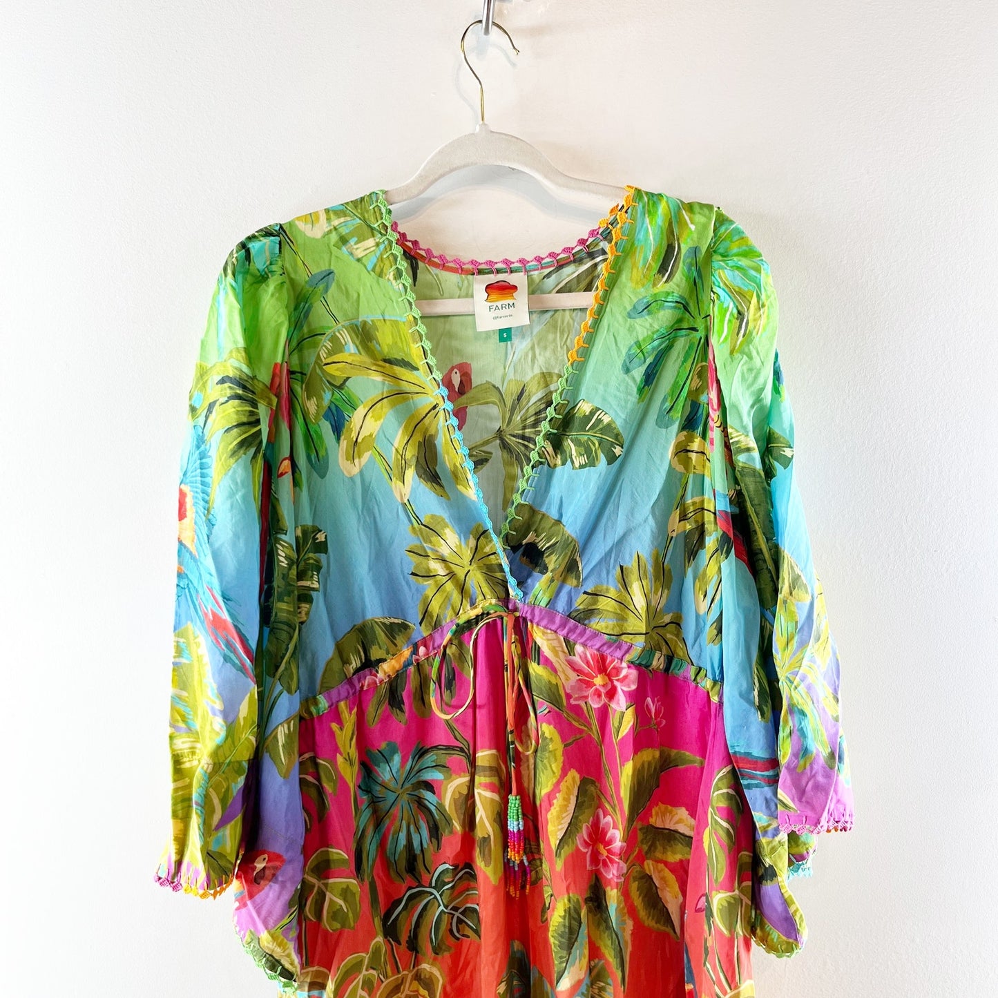 Farm Rio Ombre Forest Ruffle Long Sleeve Maxi Caftan Dress Green Blue Pink Small