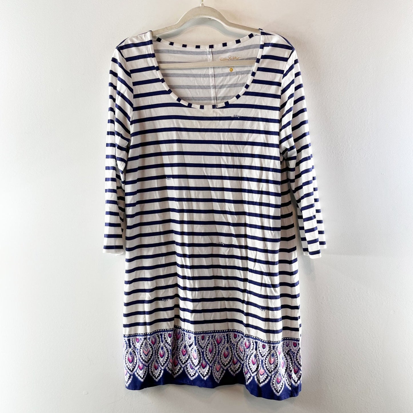 Lilly Pulitzer Beacon 3/4 Sleeve Cotton Striped Mini Tee Shirt Dress Blue XL