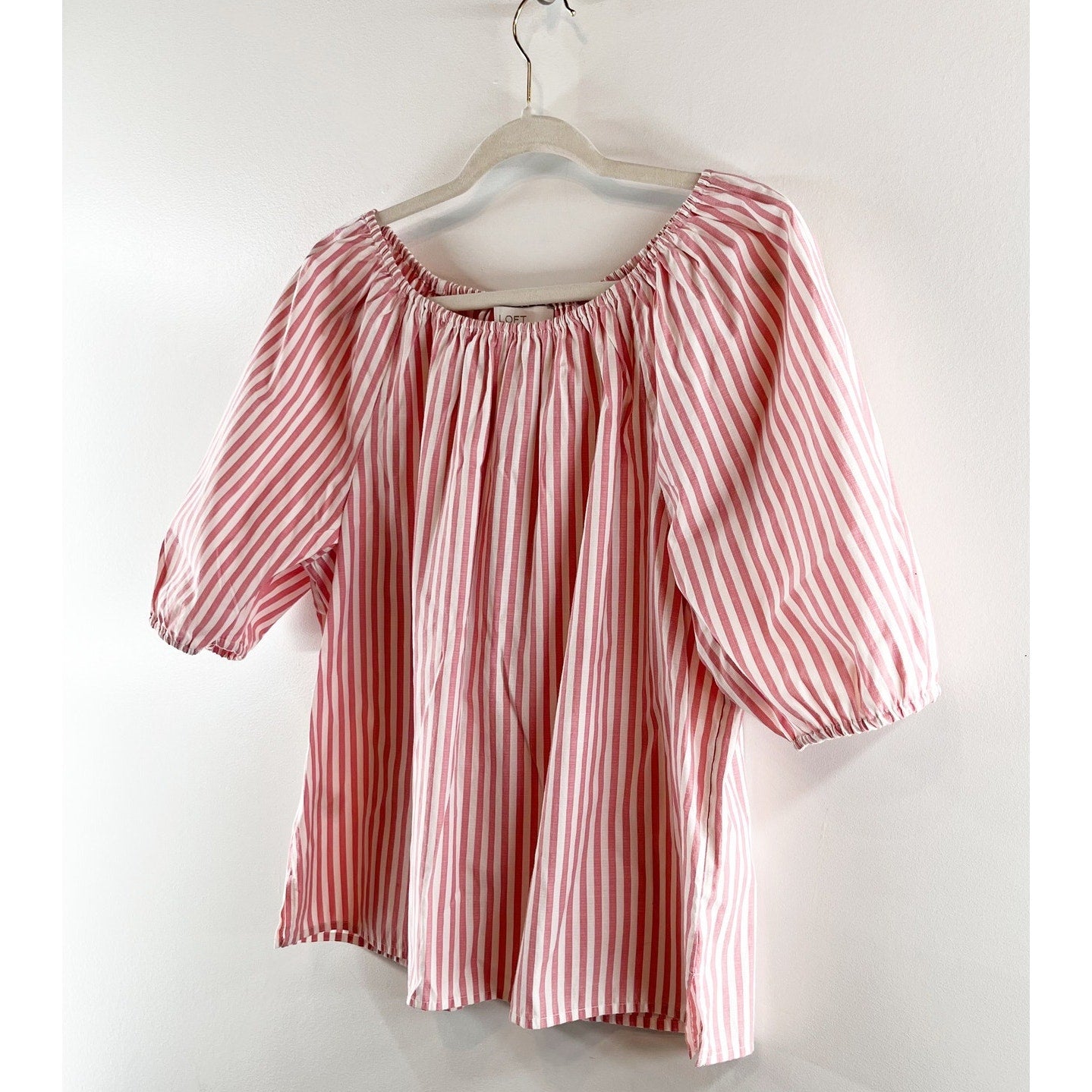 LOFT Off The Shoulder Puff Short Sleeve Blouse Top Striped Pink White Large