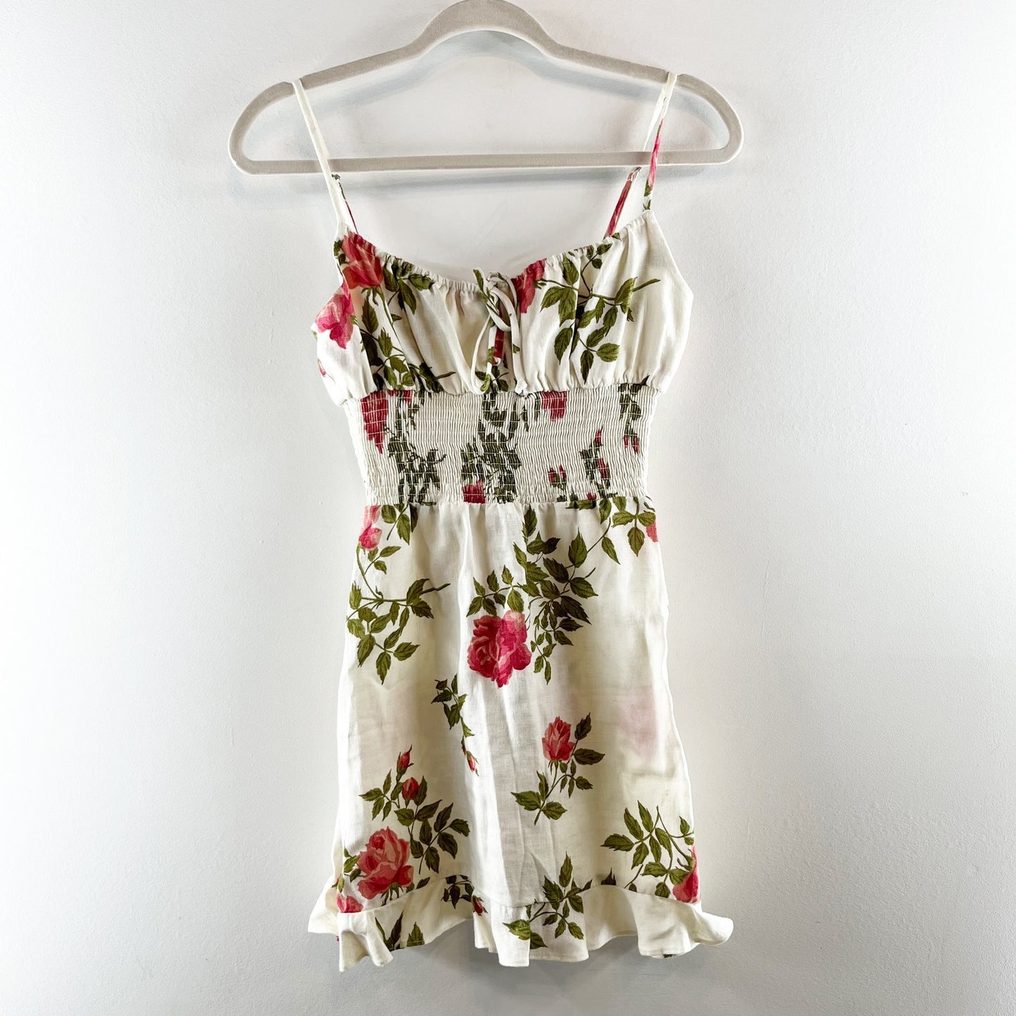 Reformation Rosemary Floral Print Linen Smocked Waist Mini Dress White 4