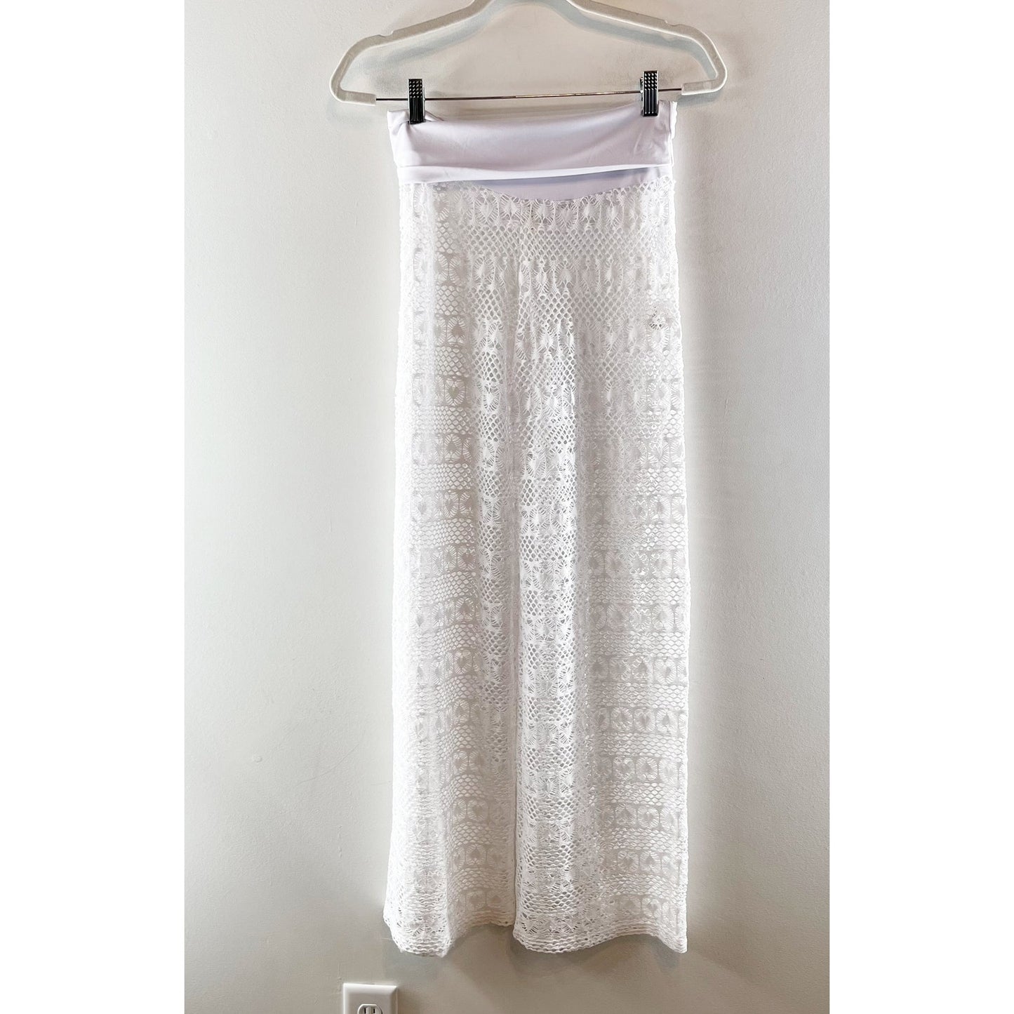 Paradise Low Rise Foldover Waist Lace Sheer Beach Cover Up Pants White Small