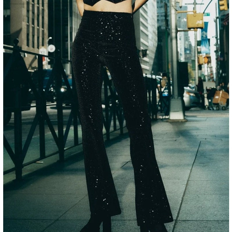 Zara Sequin Embellished High Waisted Flare Trouser Pants Black Medium