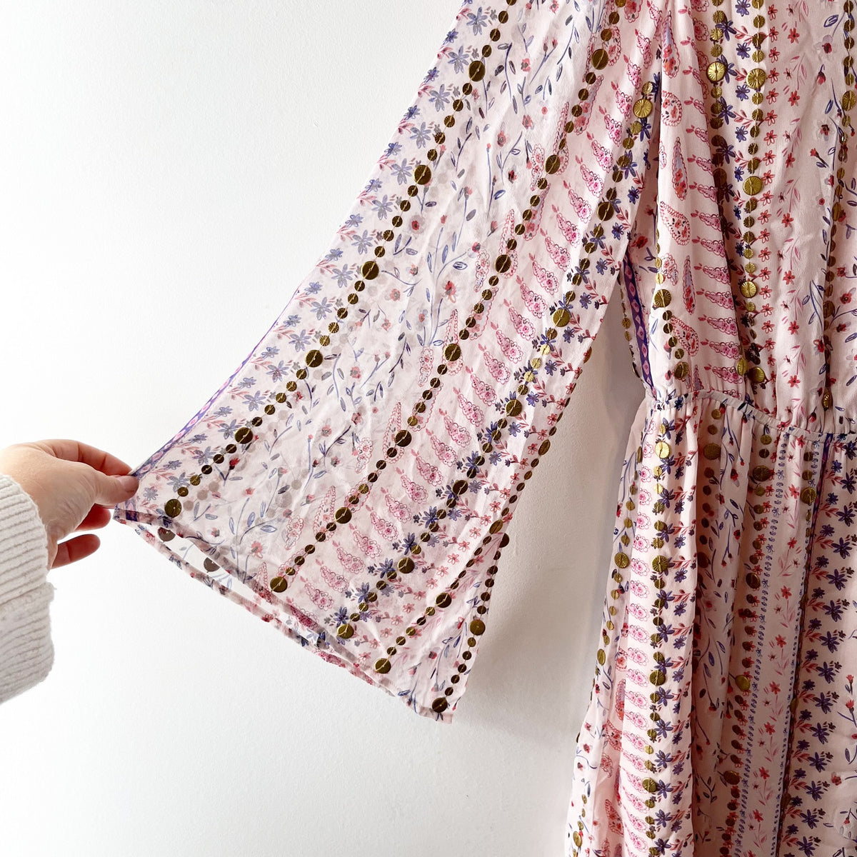 AS by DF Flora Embellished Long Sleeve Silk Mini Dress Pink Small
