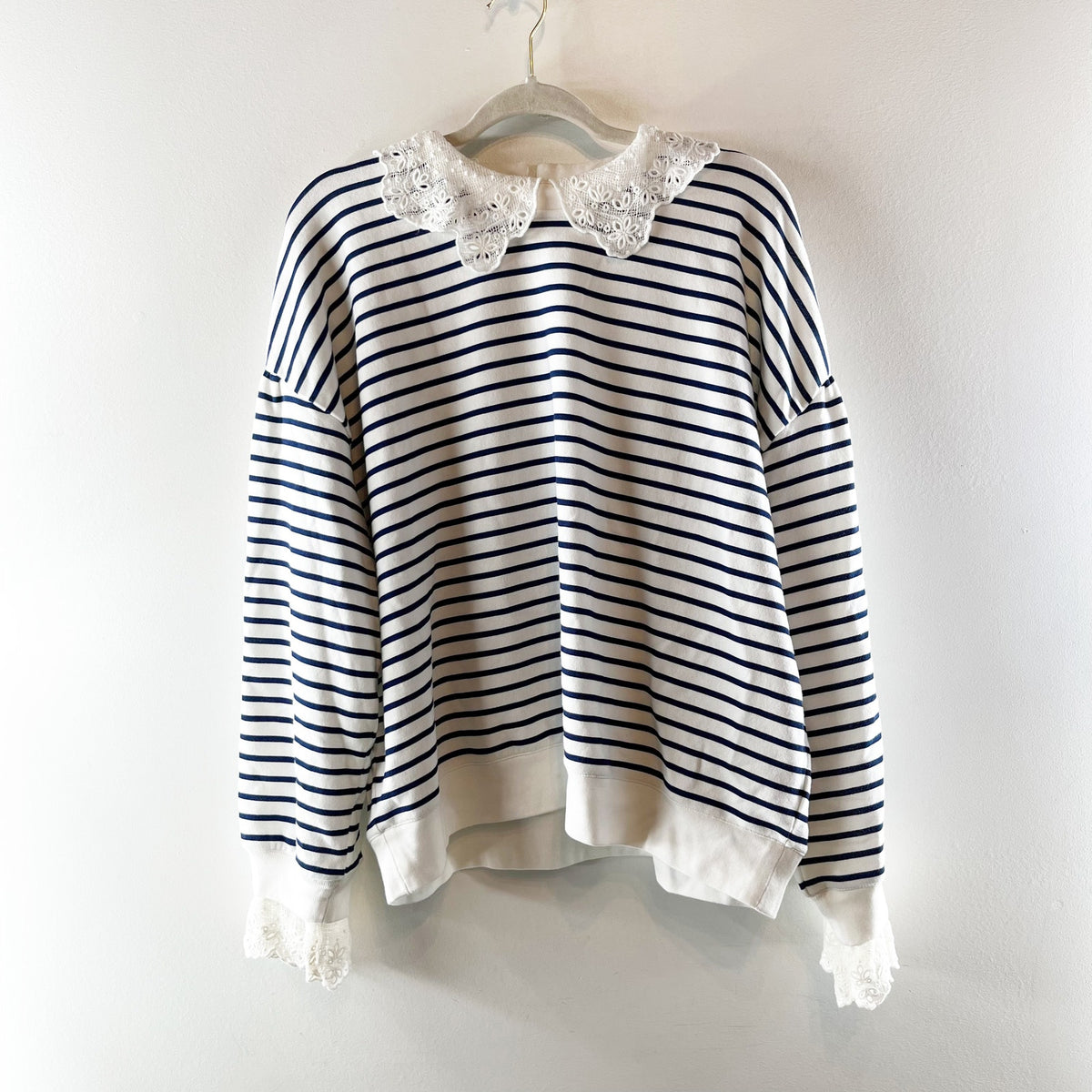 J. Crew French Terry Long Sleeve Sweatshirt Lace Trim Porto Printed Stripe XXL