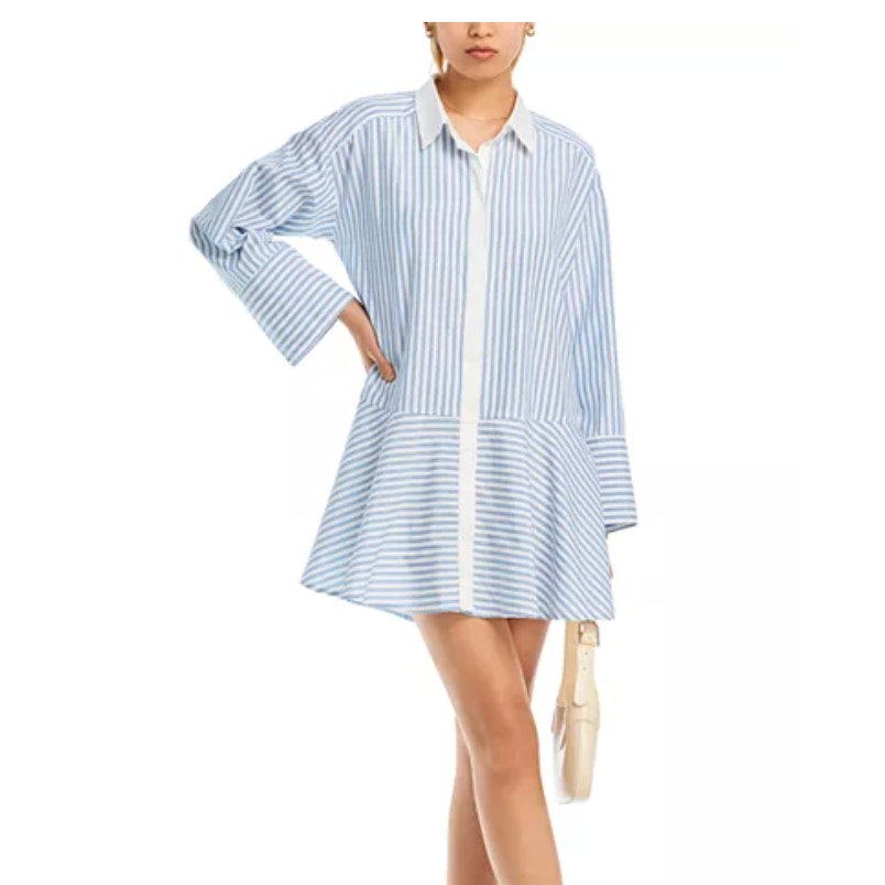 AQUA Contrast Trim Striped Mini A Line Shirt Dress Blue White XS