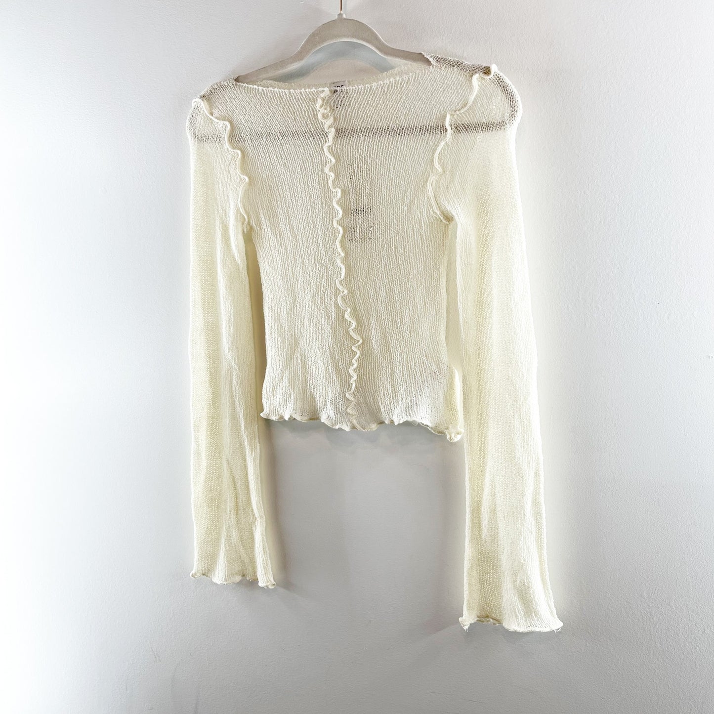 Urban Outfitters Sheer Boatneck Lettuce Trim Bell Sleeve Sweater Top Cream Small