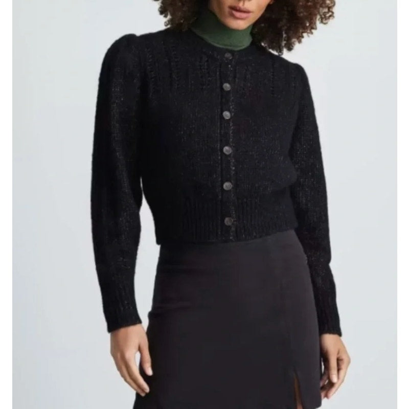 Everlane Pointelle Cloud Puff Long Sleeve Cardigan Sweater Wool Blend Black S