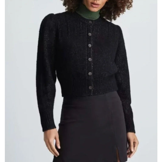 Everlane Pointelle Cloud Puff Long Sleeve Cardigan Sweater Wool Blend Black S