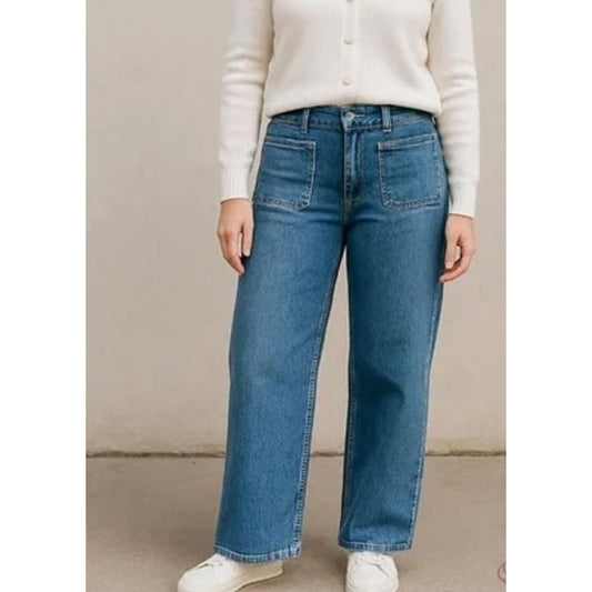 J. Crew Full Length High Rise Wide Leg Patch Pocket Jeans Blue 32 / 14
