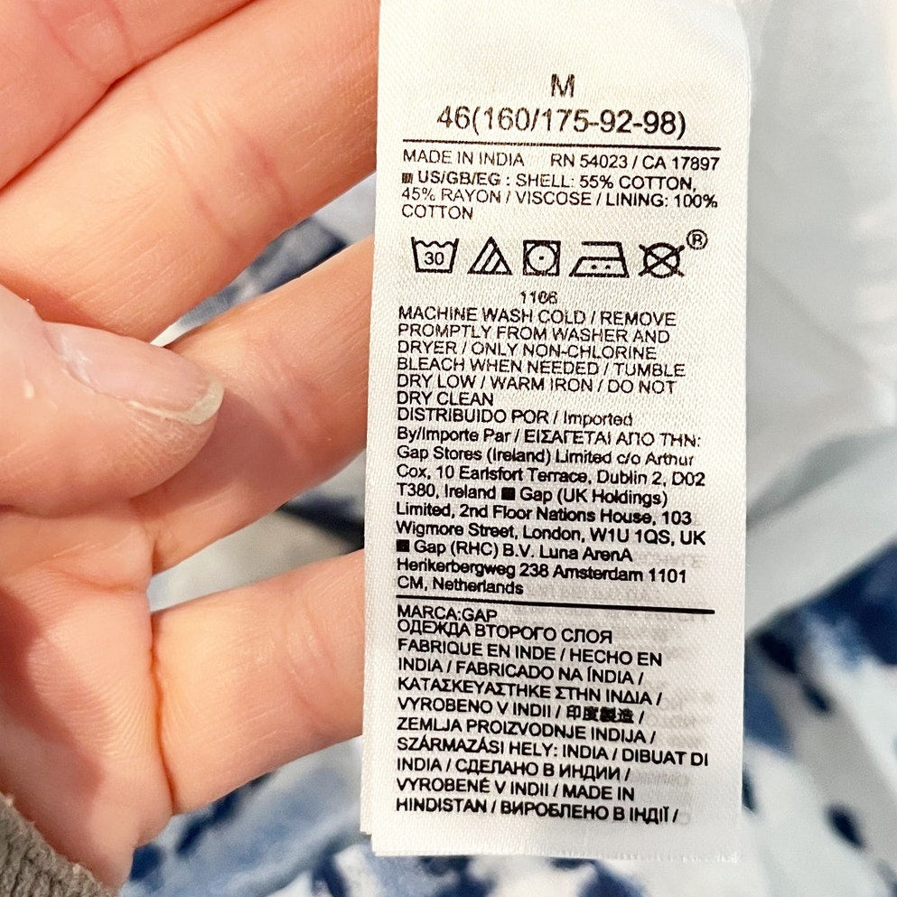 GAP V Neck Tie Dye Belted Tie Waist Short Sleeve Cotton Mini Dress Blue White M