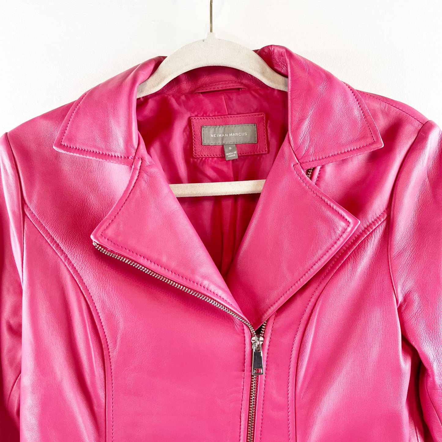 Neiman Marcus 100% Leather Moto Biker Zip Up Jacket Pockets Pink Small