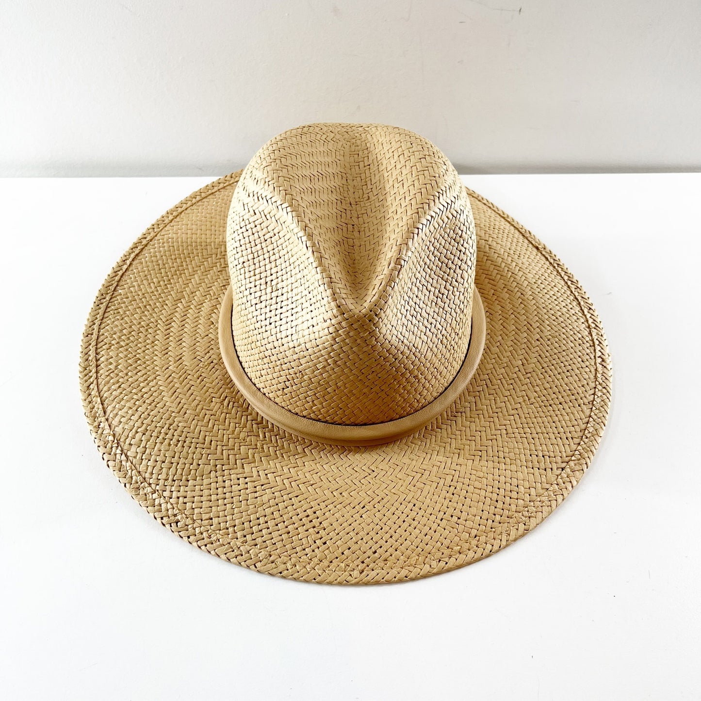 Janessa Leone Simone Woven Packable Straw Fedora Sun Hat Sand Beige Tan Small