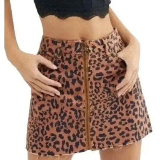 Free People Zip It Up Raw Hem Denim Jean Mini Skirt Leopard Spot Brown 30 / 10