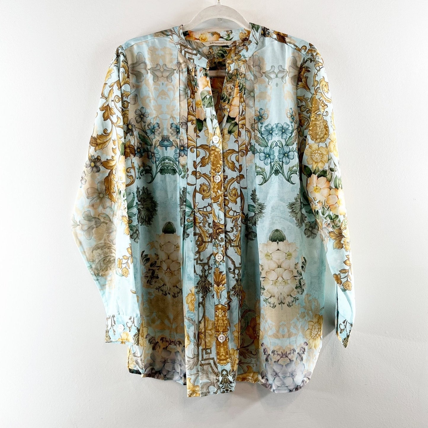 Soft Surroundings Long Sleeve Floral Button Up Blouse Top Blue Teal Large