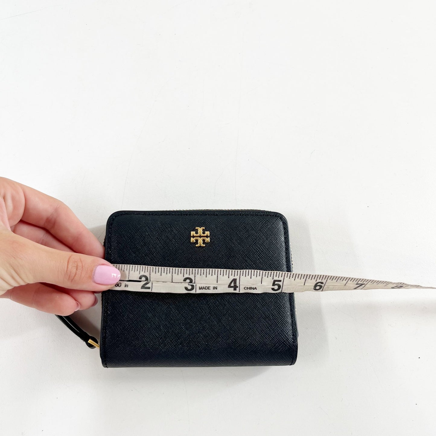 Tory Burch Emerson Saffiano Leather Mini Folded Wallet Black Gold