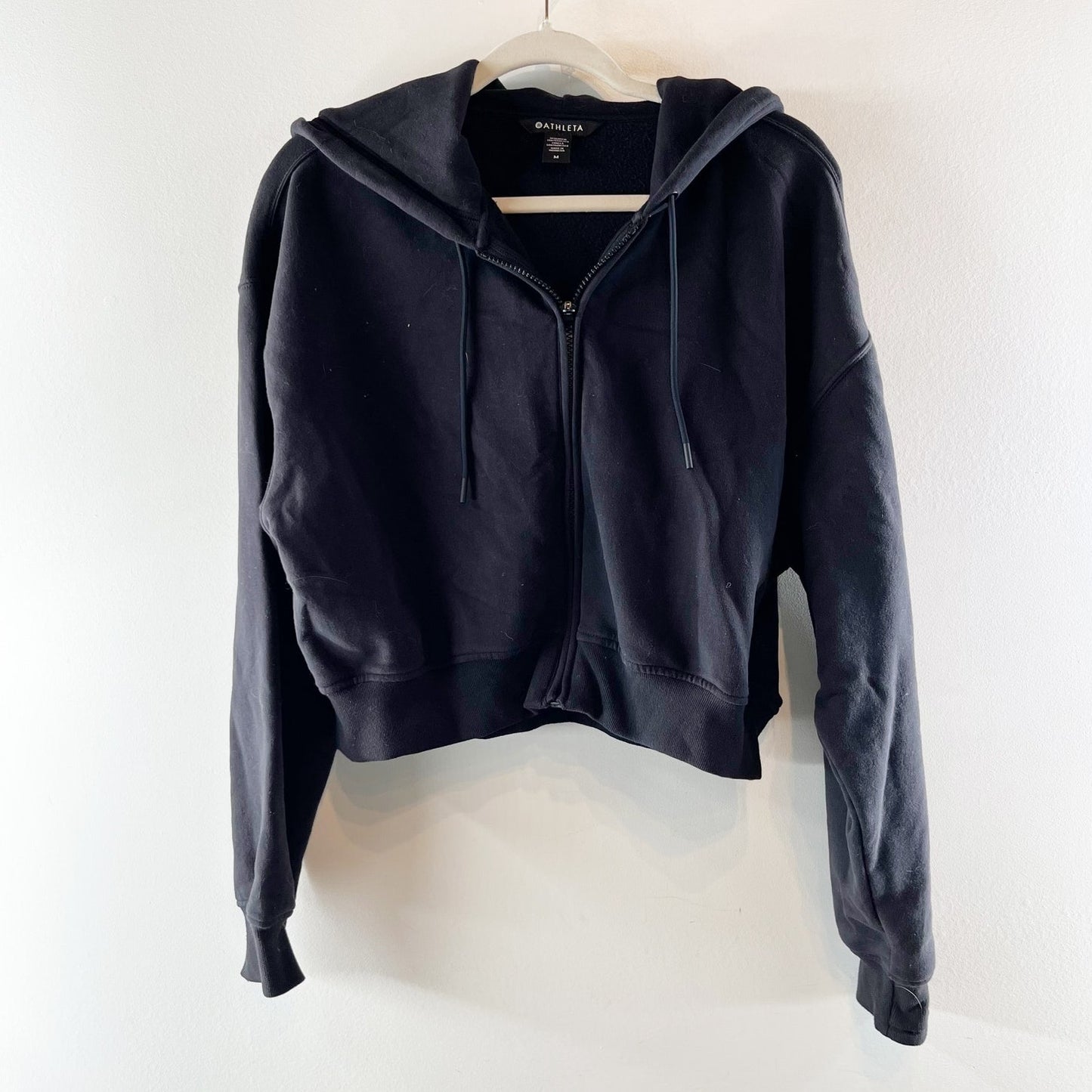 Athleta Forever Fleece Cropped Full Zip Hoodie Sweatshirt Black Medium
