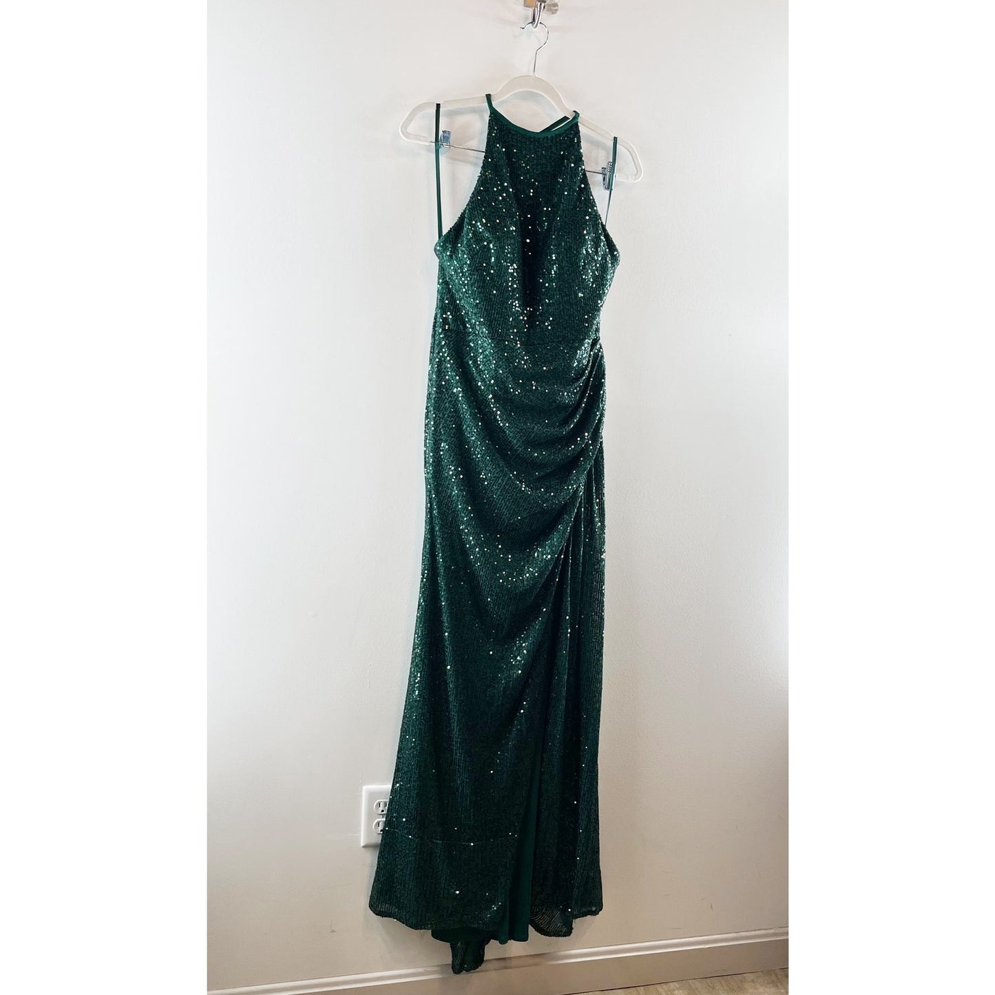 Ieena for Mac Duggal Sequin Formal Halter Maxi Gown Dress Bottle Green 10