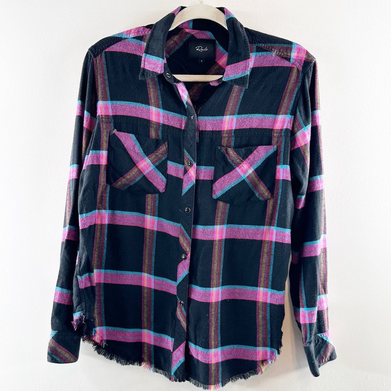 Rails Leo Long Sleeve Plaid Flannel Button Up Shirt Top Onyx Magenta Cayenne S