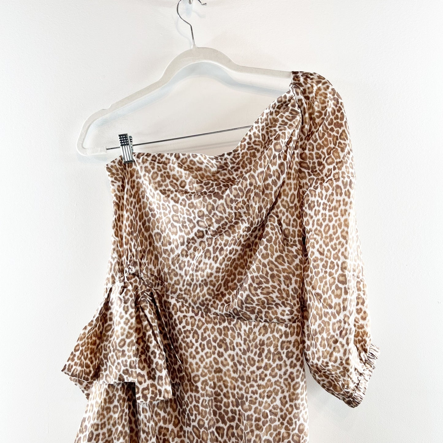 J. Crew Leopard Print Satin One-Shoulder Ruffle Hem High Low Midi Dress Brown 8